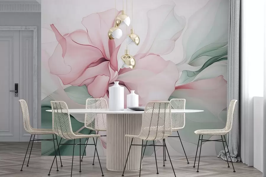 Fototapeedid Voolavad abstraktsed õie kroonlehed läbipaistvad ja kihilised kujundid pastelsetes värvides, roosa ja rohelistes toonides w08701v1