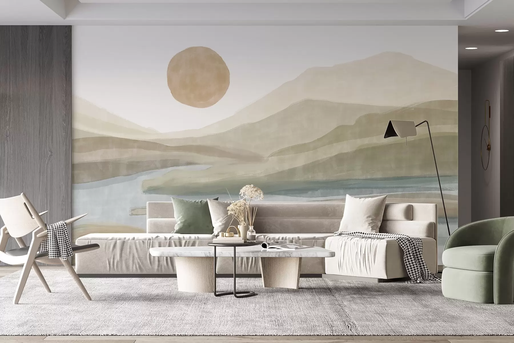 Fototapeedid Maastik, mis koosneb kihilisest mäestikust, mille nõrk kallak, looklev jõgi, summutatud oranž päike taevas w08702