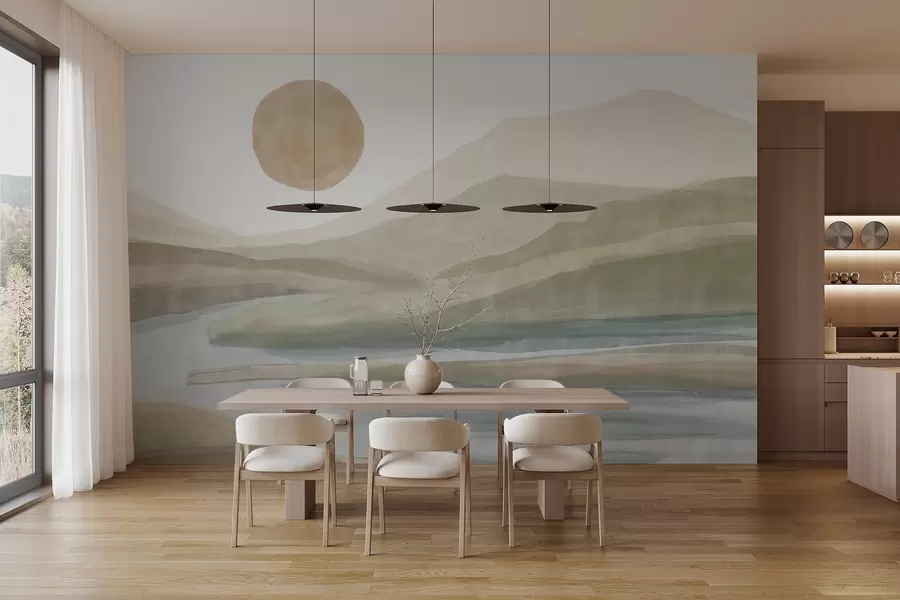 Fototapeedid Maastik, mis koosneb kihilisest mäestikust, mille nõrk kallak, looklev jõgi, summutatud oranž päike taevas.. w08702