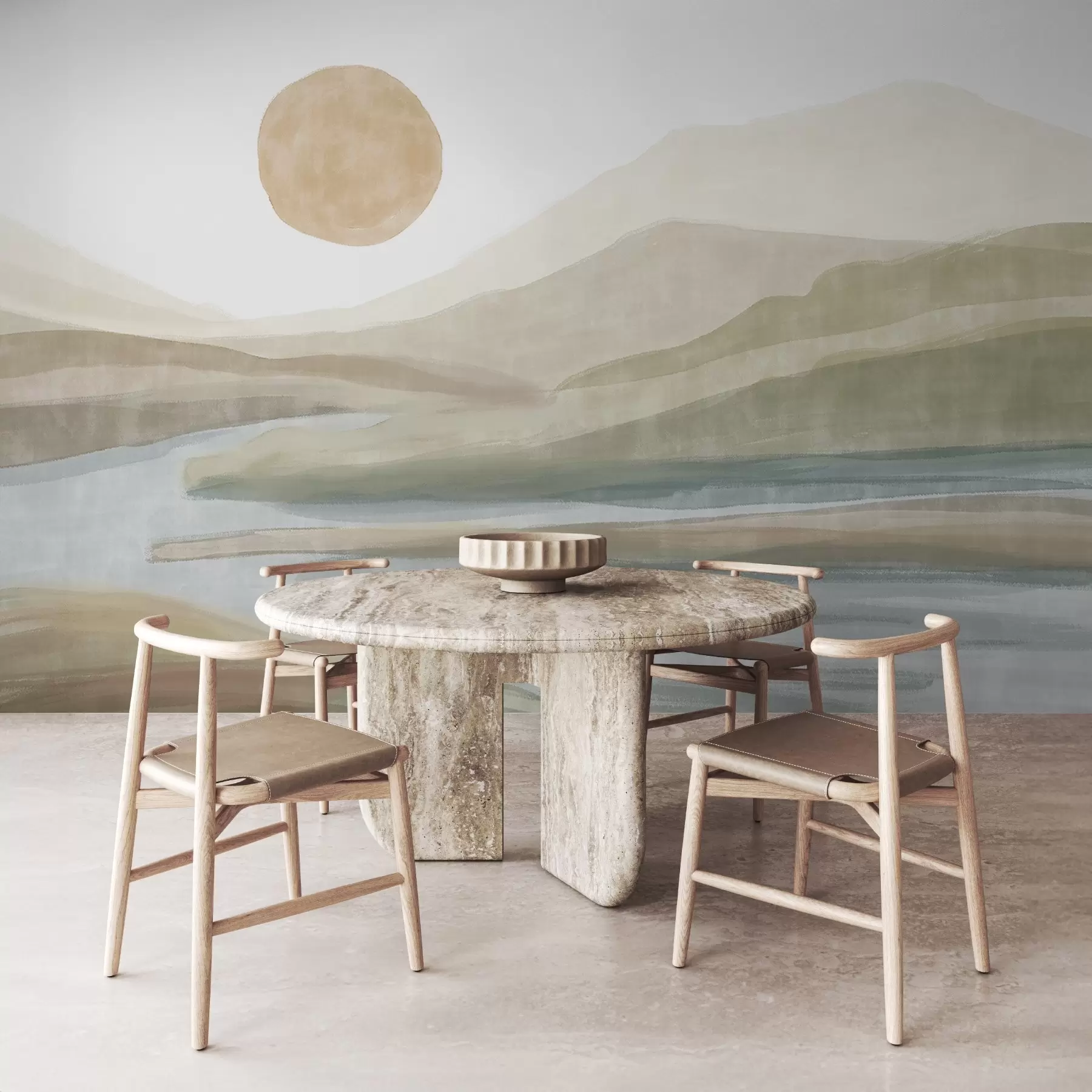 Fototapeedid Maastik, mis koosneb kihilisest mäestikust, mille nõrk kallak, looklev jõgi, summutatud oranž päike taevas w08702