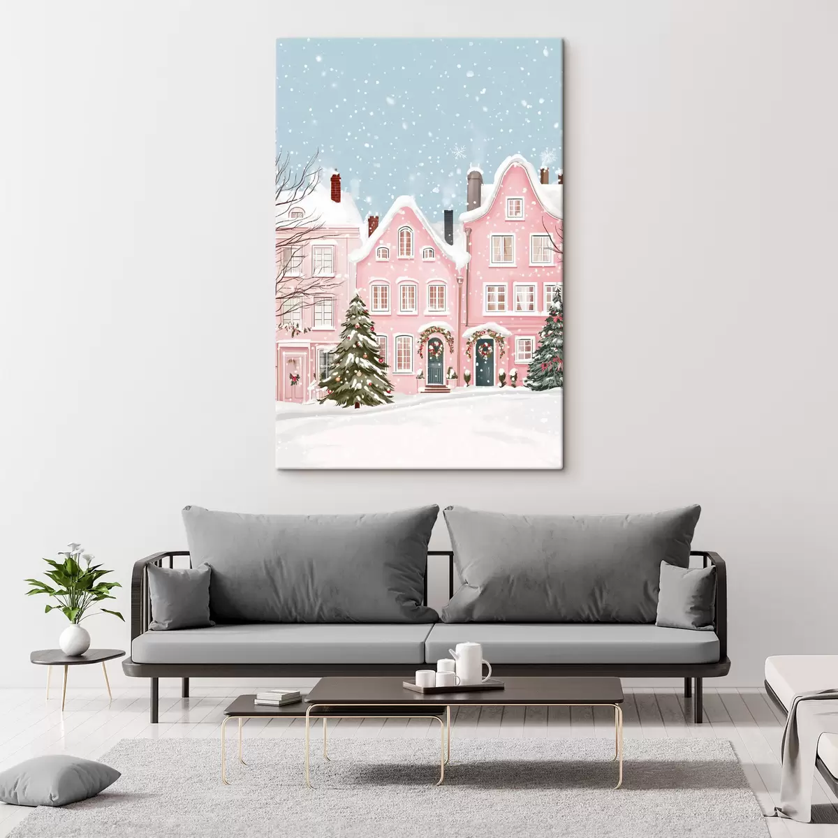 Pilt Kaunis linn armas roosade majade, talvise esteetika, lumehelvestega  s42793