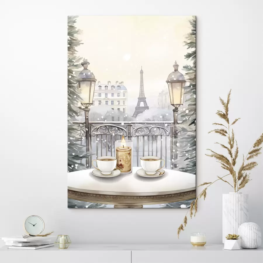 Pilt Kaunis kohvik Pariisis, teetassid, romantiline vaade, talv, akvarellistiil s42799