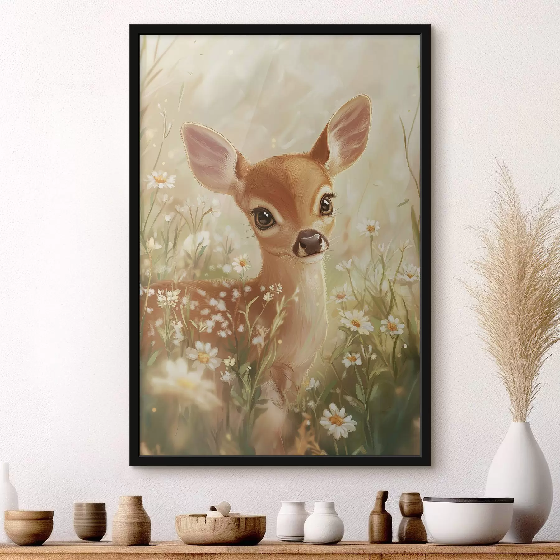 Fototapeedid Armas hirv heinamaal, kus on lillelilled, õlistiilis joonistus f42780