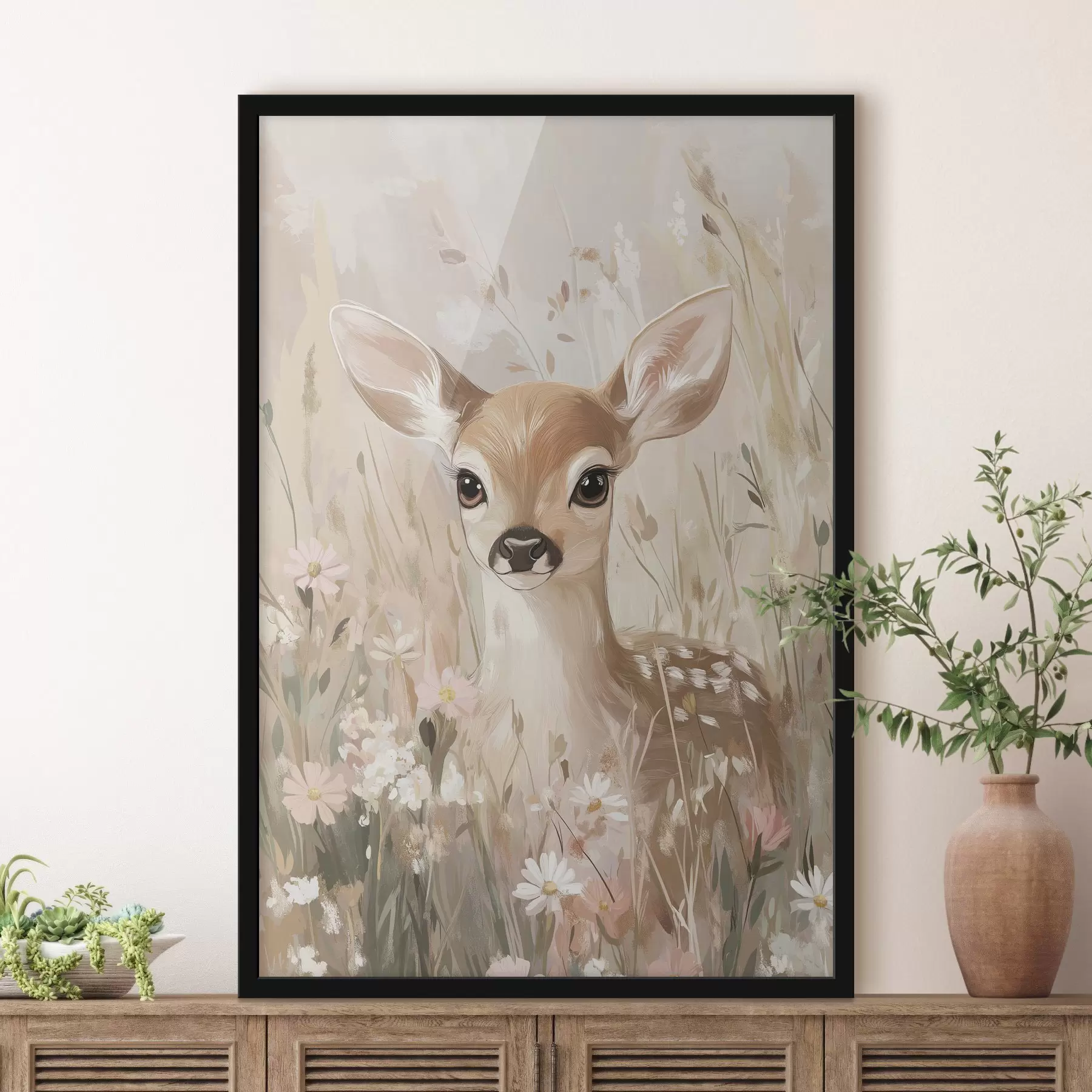 Fototapeedid Väike hirv suvisel heinamaal, akrüülstiilis joonistus, pastellroosa ja beež värvid f42781