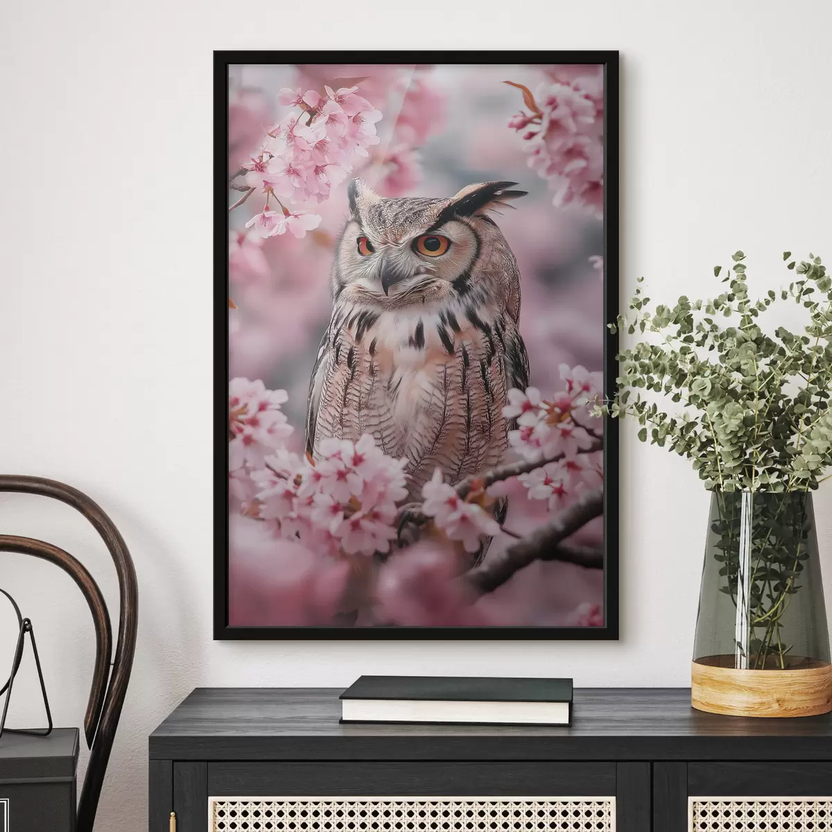 Plakat Kaunis öökull kirsipuu oksal, loodus, realism f42784