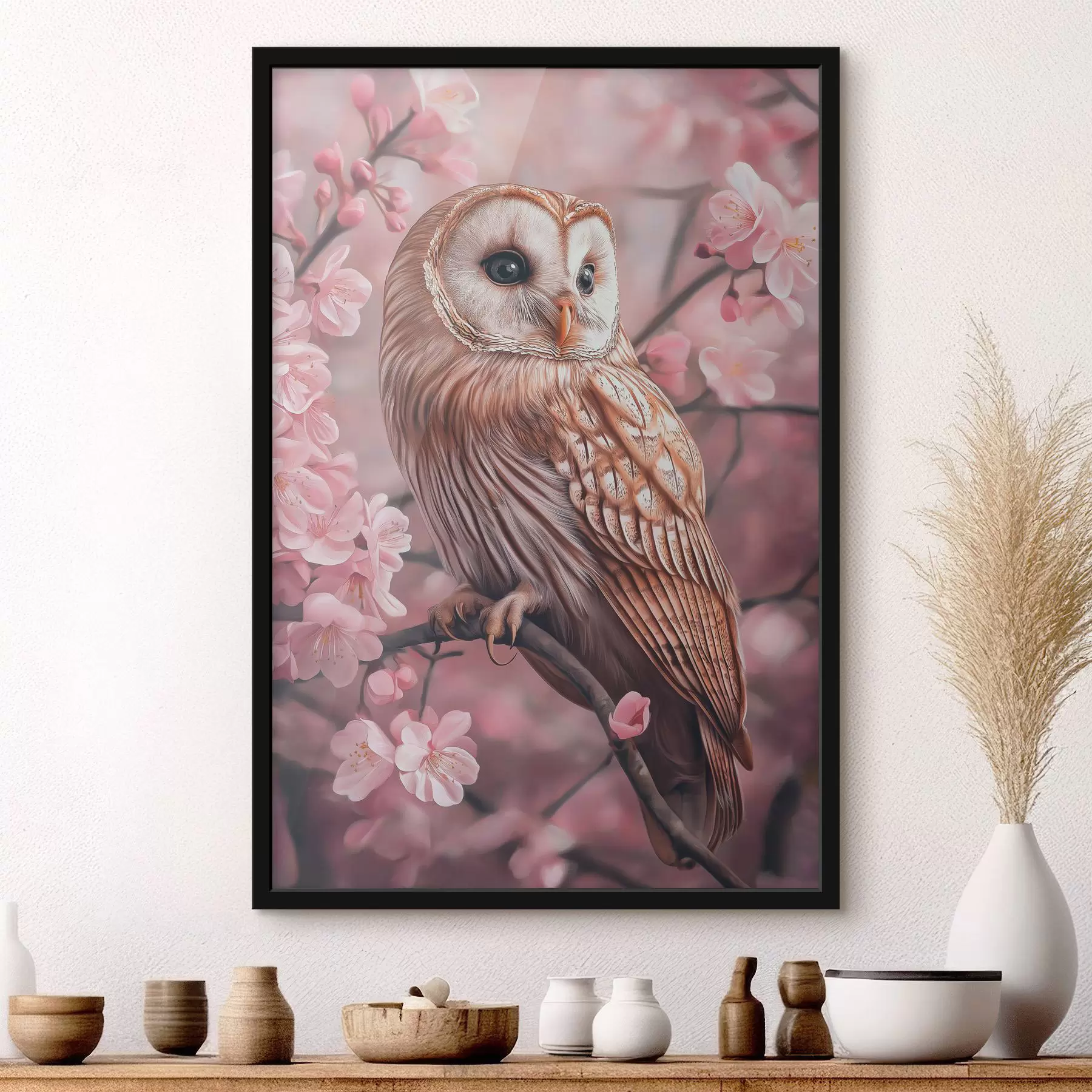 Fototapeedid Öökull kirsipuu peal, roosad lilled, realism, loodus f42785