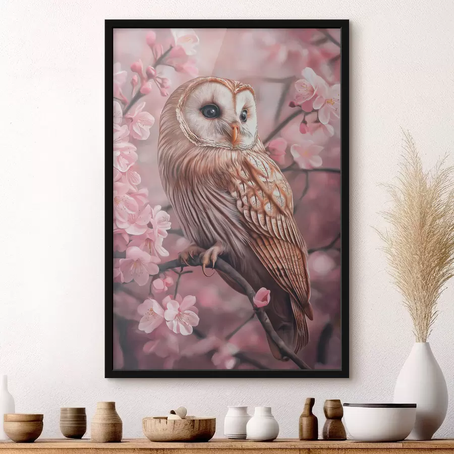 Fototapeedid Öökull kirsipuu peal, roosad lilled, realism, loodus f42785