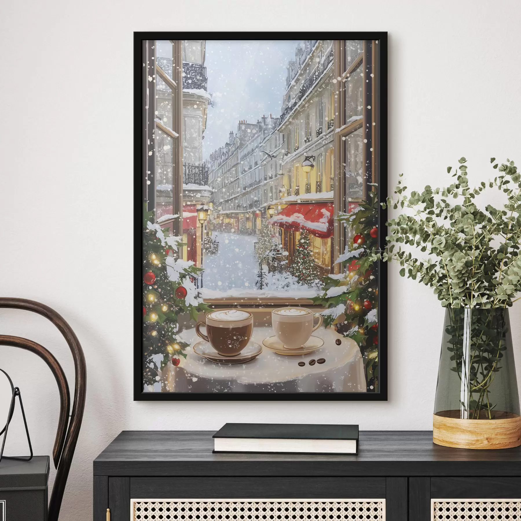 Fototapeedid Hubane talvekohvik, kohvitassid, akrüülstiil, vana linnaarhitektuur f42795