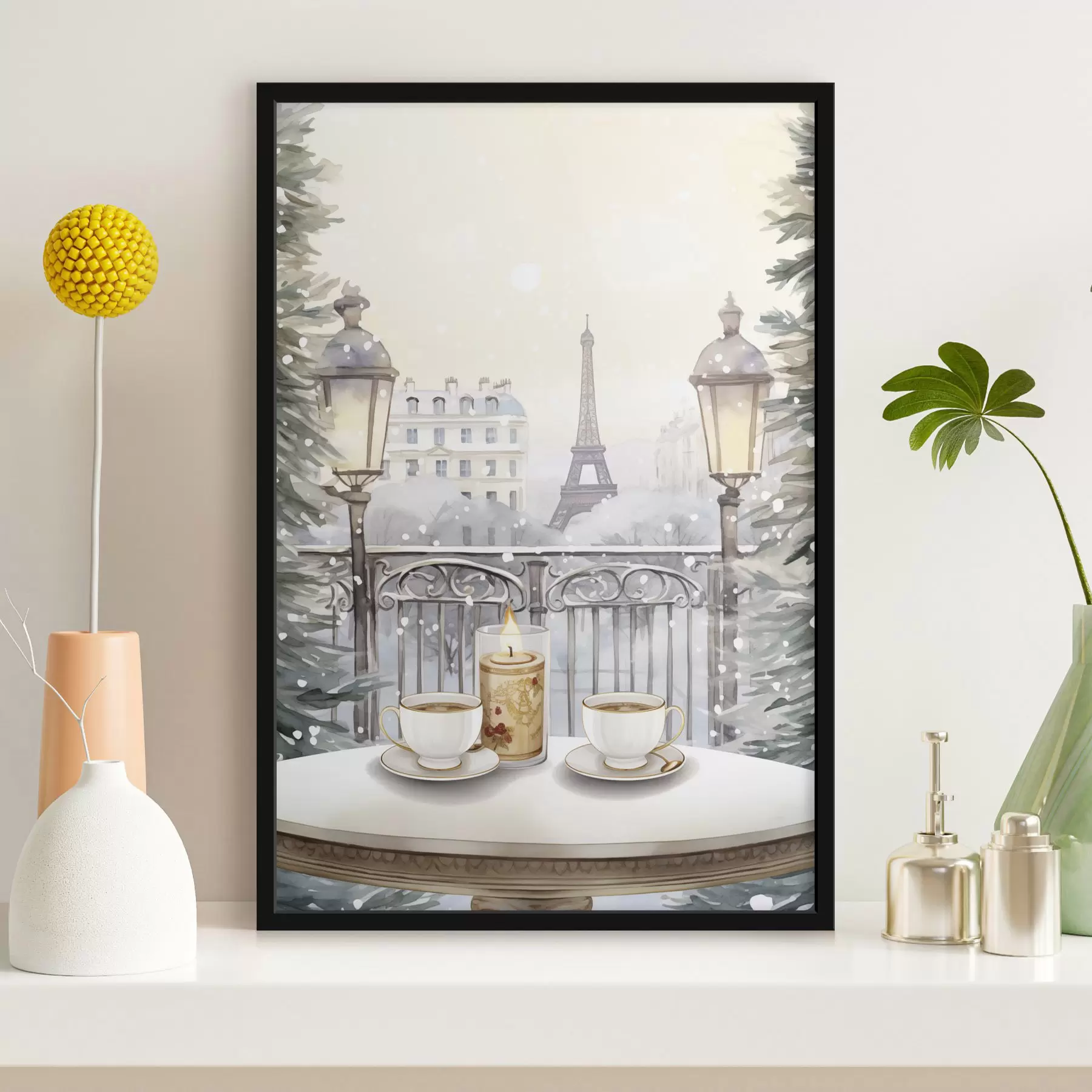 Fototapeedid Kaunis kohvik Pariisis, teetassid, romantiline vaade, talv, akvarellistiil f42799
