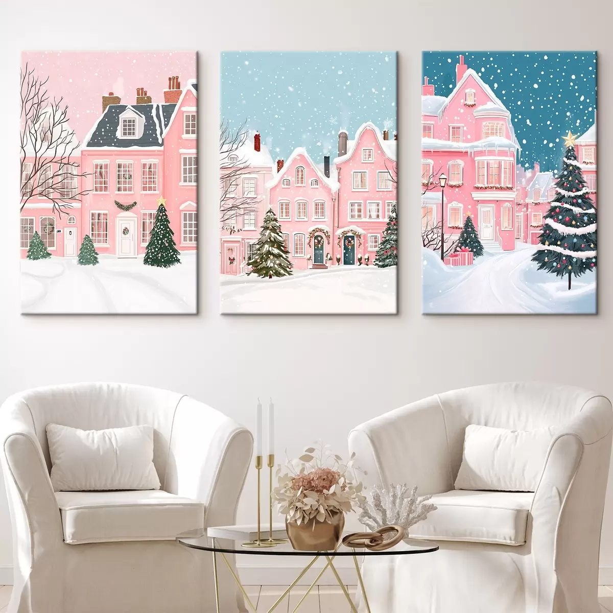 Pilt Kaunis talvine linn roosade majade, mändide ja lumehelvestega  m00410