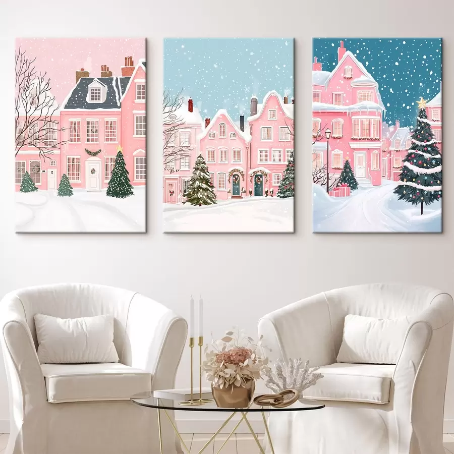 Pilt Kaunis talvine linn roosade majade, mändide ja lumehelvestega  m00410