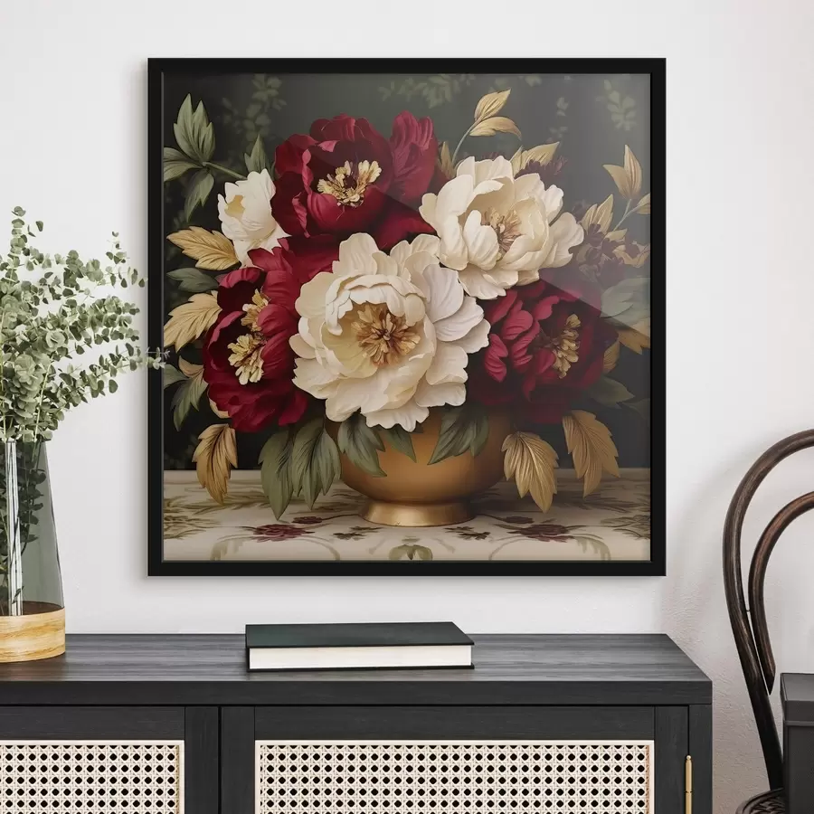 Fototapeedid Punased ja valged pojengid vaasis f42820