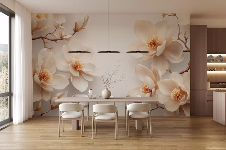 Fototapeedid Ilusad õitsevad kreemikasvulised magnoolia lilled valgel taustal w08704