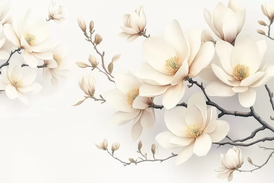 Fototapeedid Ilusad õitsevad kreemikasvulised magnoolia lilled valgel taustal w08721