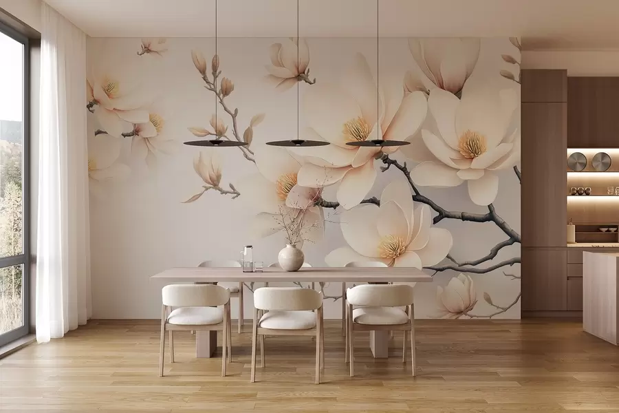 Fototapeedid Ilusad õitsevad kreemikasvulised magnoolia lilled valgel taustal w08721