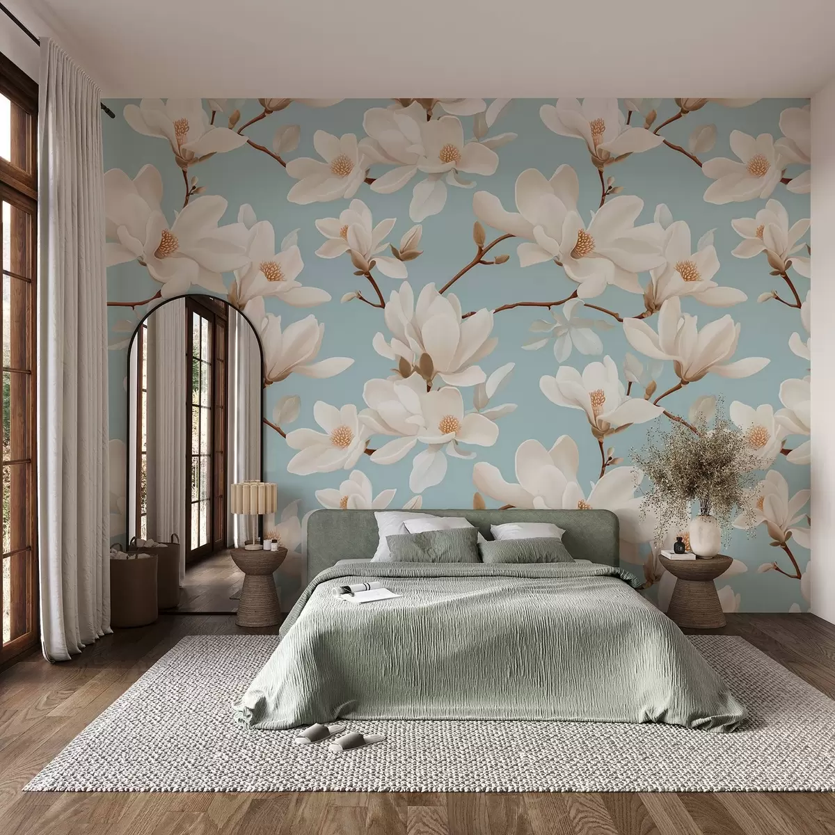 Fototapeedid Valge magnoolia lillede muster, pastelsinine taust, valged lehed ja oksad w08726