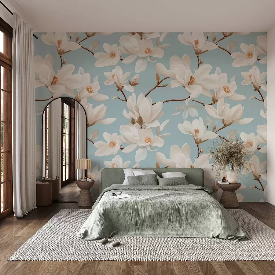 Fototapeedid Valge magnoolia lillede muster, pastelsinine taust, valged lehed ja oksad w08726