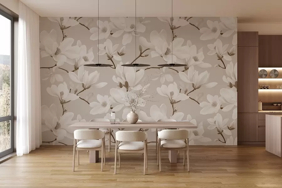 Fototapeedid Muster valge magnoolia lilledest, beeži toonides, valged lehed ja oksad w08726v1