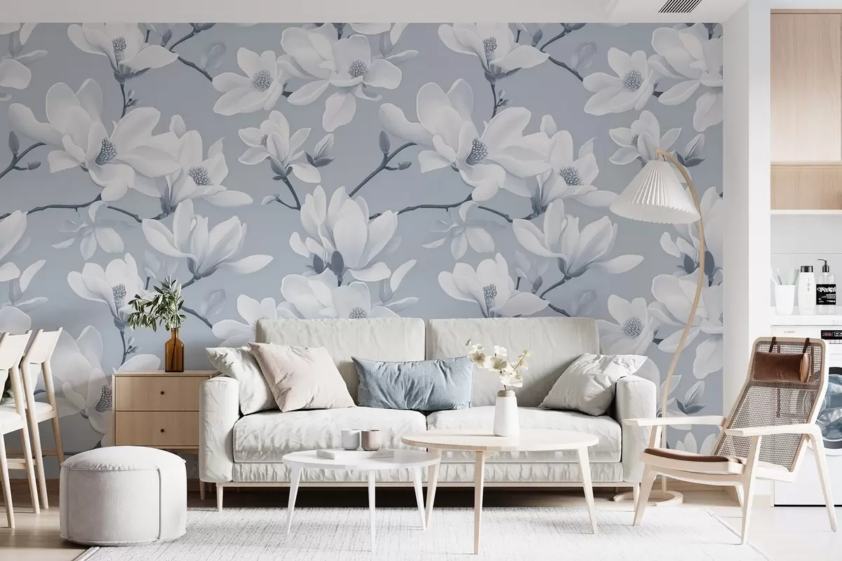 Fototapeedid Valge magnoolia lillede muster, helesinistes toonides, valged lehed ja oksad w08726v2