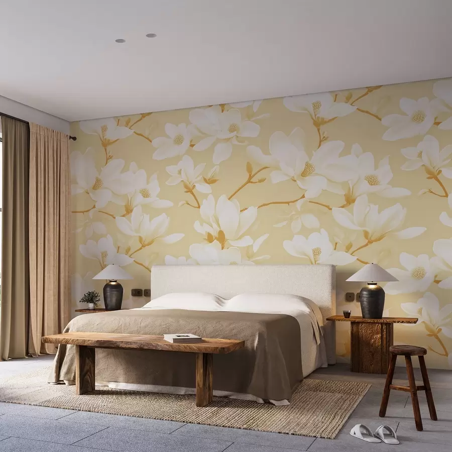 Fototapeedid Valge magnoolia lillede muster, kollastes toonides, valged lehed ja oksad w08726v3