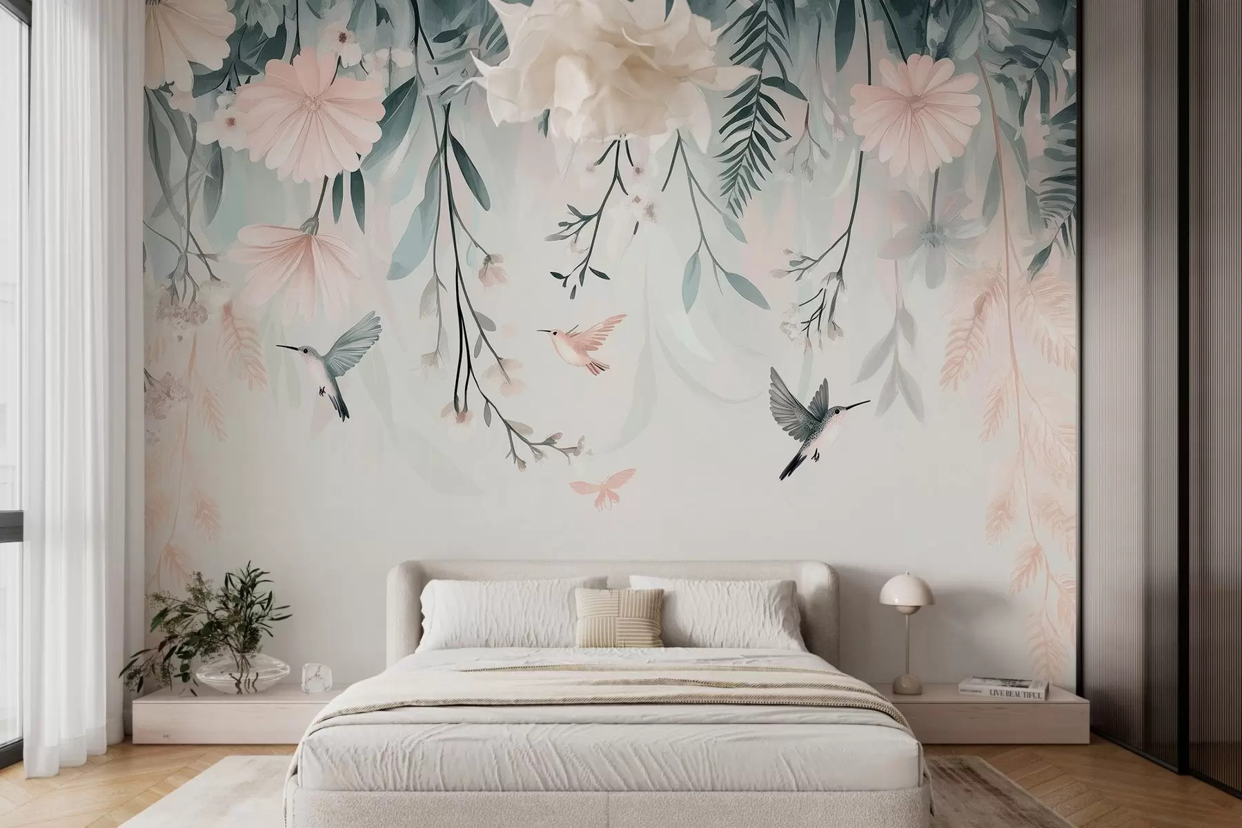 Fototapeedid roosad lilled imiteeritud maalimistehnikas, mis ripuvad ülevalt alla w03012