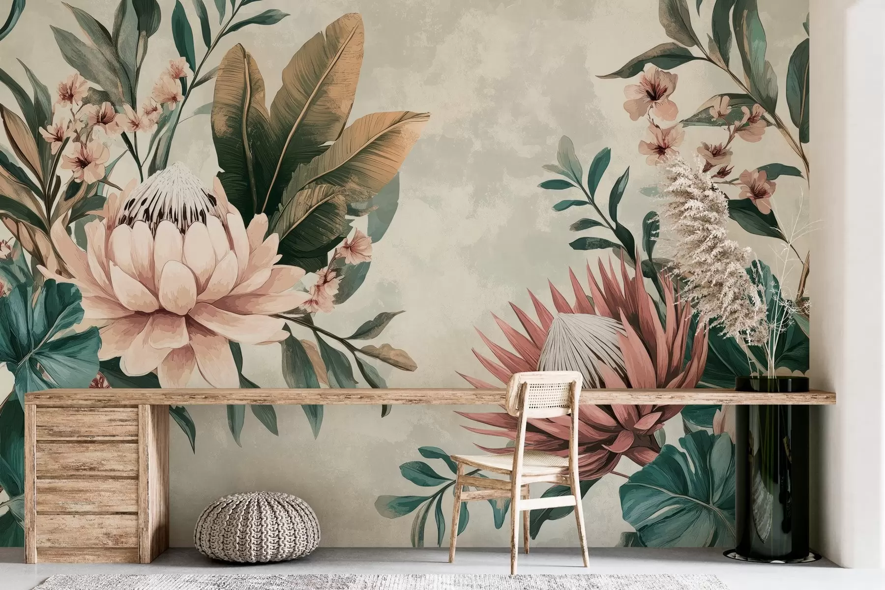 Fototapeedid eksootilised taimed, palmilehed ja protea lilled, mis on inspireeritud vintage'ist w03015