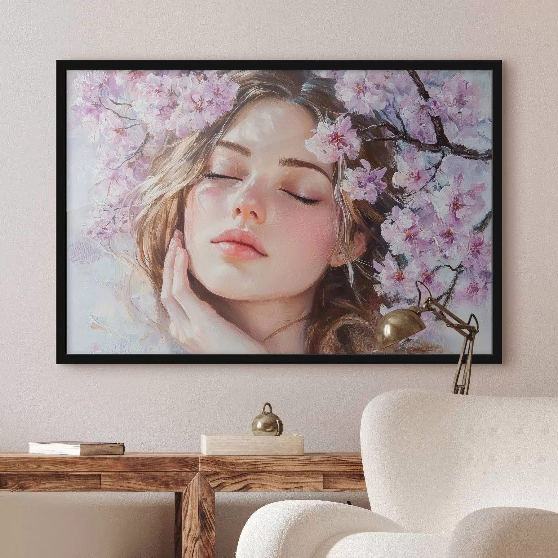 Pilt Tüdruk õitsva oksa lähedal f42857