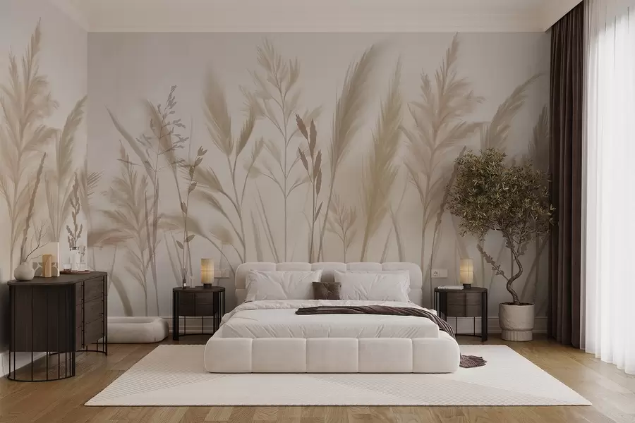 Fototapeedid Kõrged, õrnad rohttaimed, õrnad kõrrelised ja taimed pehmete beežide ja kreemikate toonidega, heledal hägusel taustal w08736