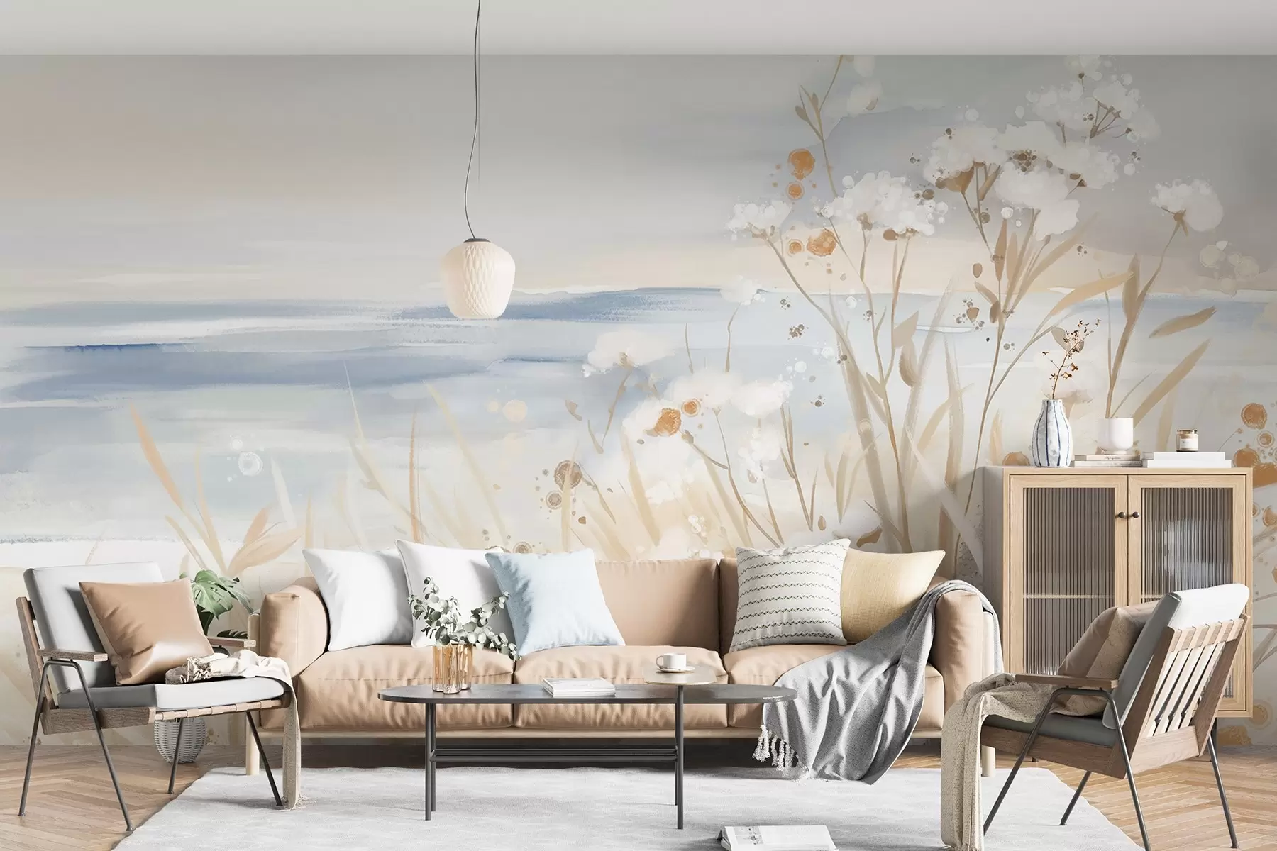 Fototapeedid Valged abstraktsed õrnade varrega lilled rohu sees, taustaks rahulik meri ja taevas  w08740