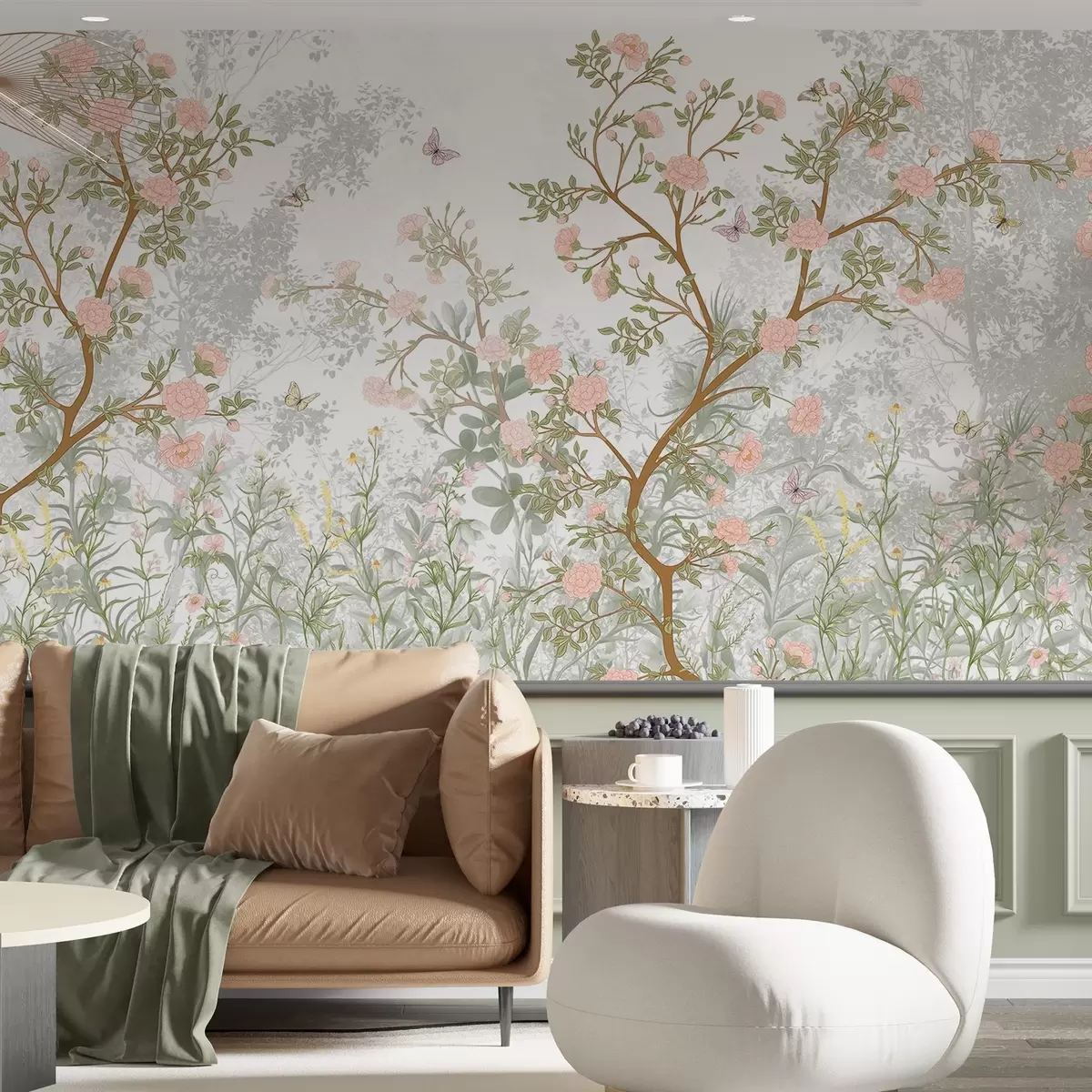 Fototapeedid Õrnad roosad õitsevad puud, lendavad liblikad ja rohelised lehed, mis on põimitud sihvakate okstega  w08744