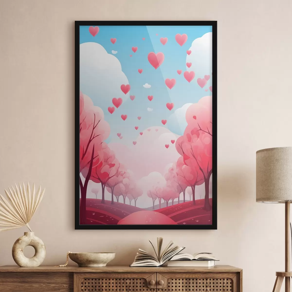 Plakat Armastuse allee, roosad puud ja südamed f42876