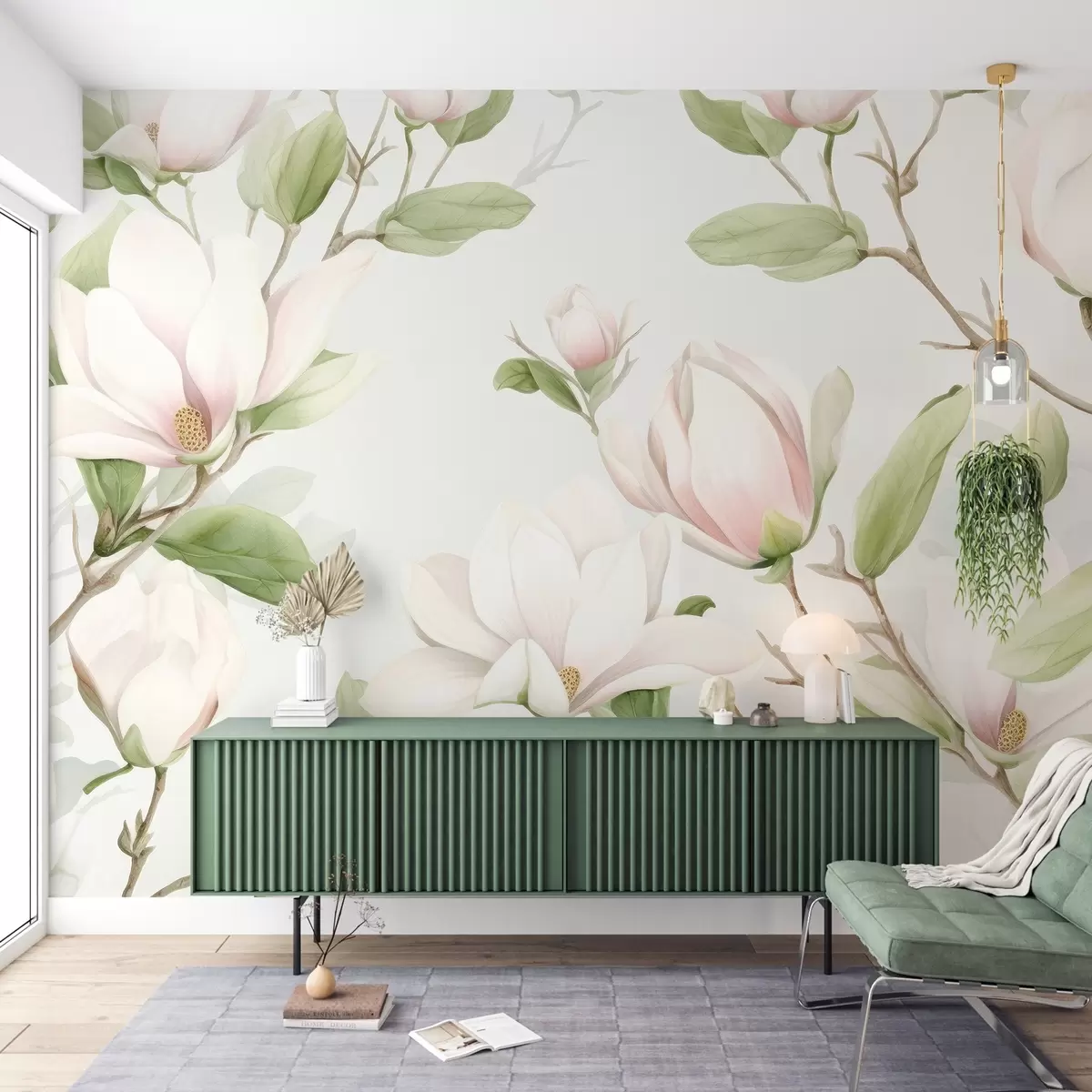 Fototapeedid Elegantsed magnoolia oksad õrnade valge-roosade õite ja roheliste lehtedega heledal taustal w03046