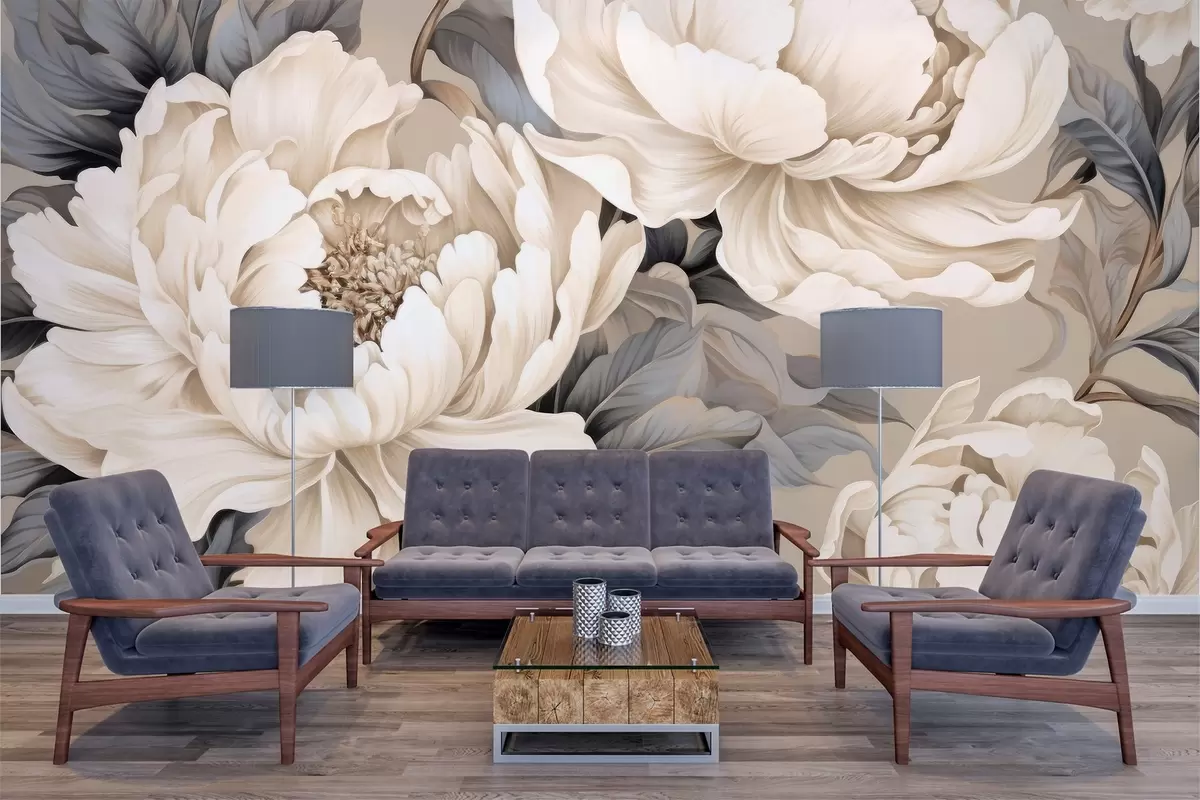 Fototapeedid Elegantsed kreemjad pioonid üksikasjalike kroonlehtede ja hallikas-siniste lehtedega soojal taustal w03077