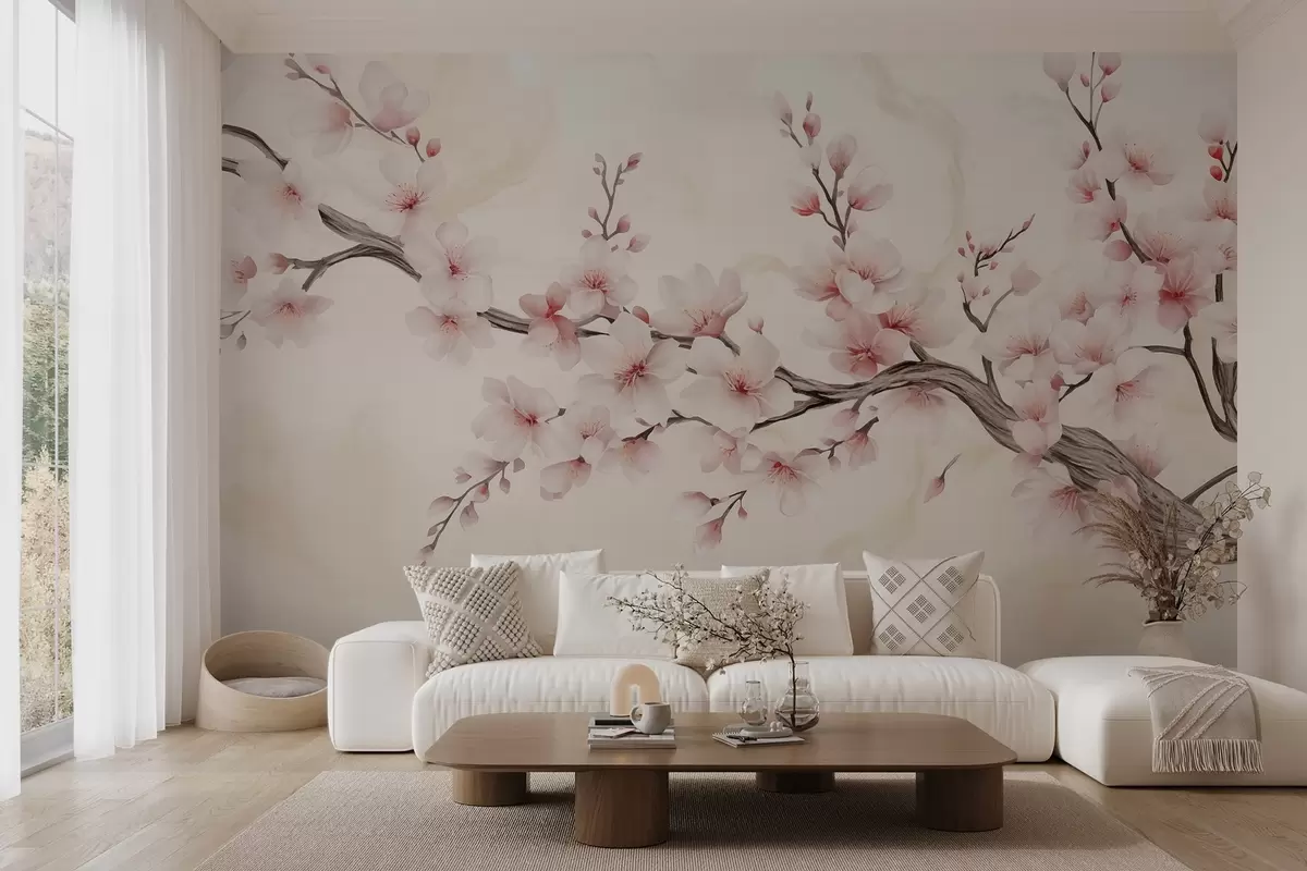 Fototapeedid Õrn kirsiõie okas koos pehmete roosade õitega heledal taustal w03079