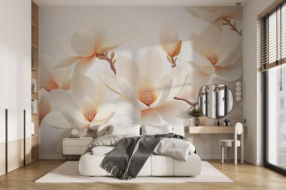 Fototapeedid Õitsevad kreemjas värvilised magnoolia lilled valgel taustal w08745