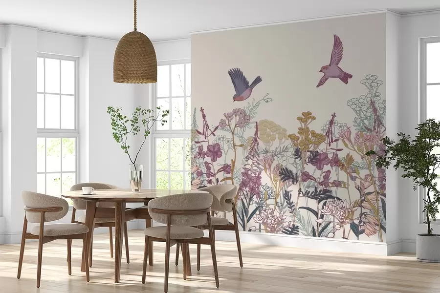 Fototapeedid Värvilised metsalilled ja linnud w03102