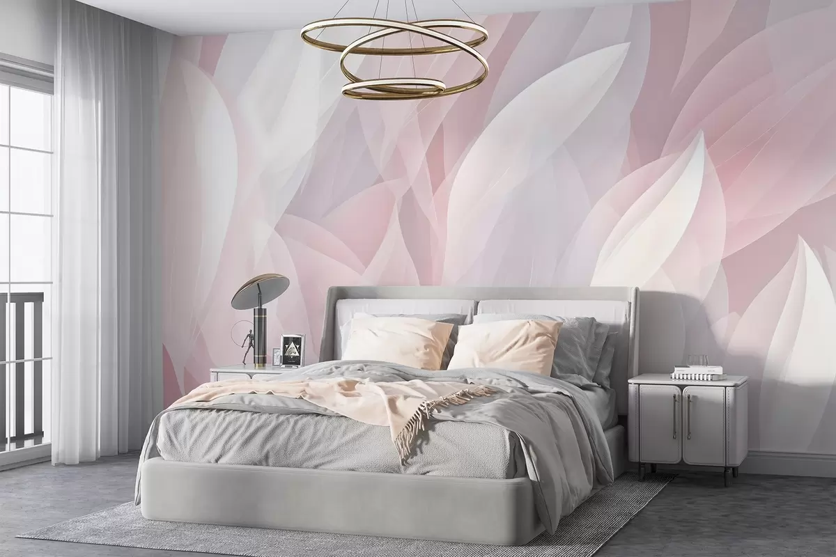 Fototapeedid Abstraktne kujundus, millel on pehmed kroonlehtedega sarnased kujundid roosa ja valge toonides, mis loovad kihilise efekti w08774