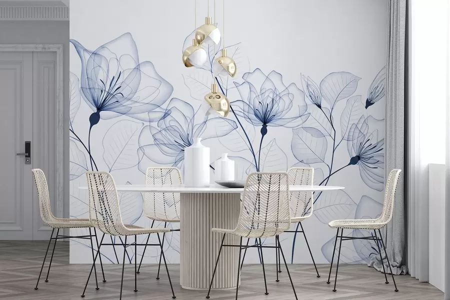 Fototapeedid Õrnad minimalistlikud sinised lilled läbipaistvate kroonlehtede ja lehtedega valgel taustal w08776