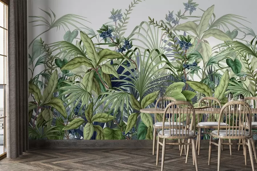 Fototapeedid Erinevate suurte roheliste lehtedega troopiliste taimede paigutus, mis loob lopsaka lehestiku stseeni helebeežil pinnal  w08777
