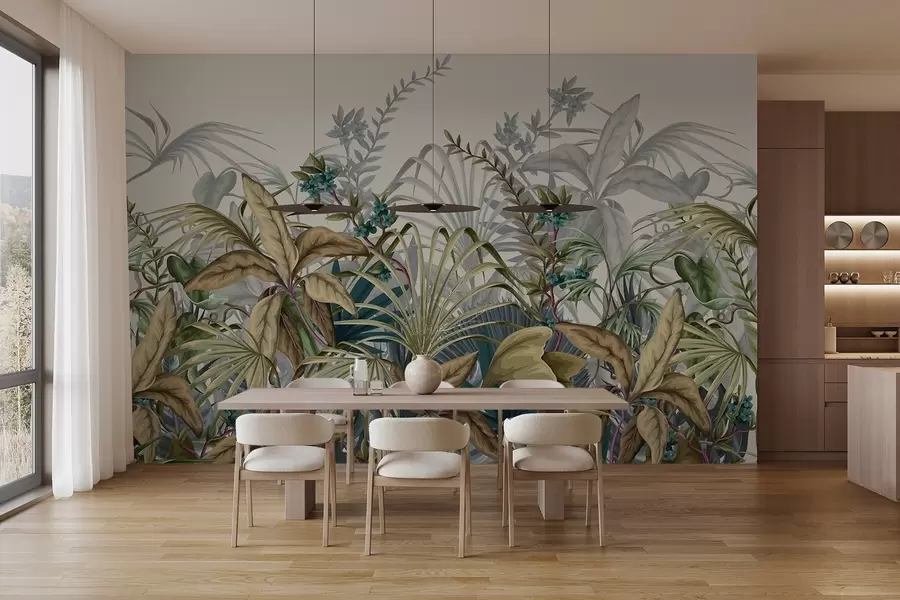 Fototapeedid Erinevate troopiliste taimede paigutus suurte elavate lehtedega, mis loovad lopsaka lehestiku stseeni helebeezil pinnal  w08777v1