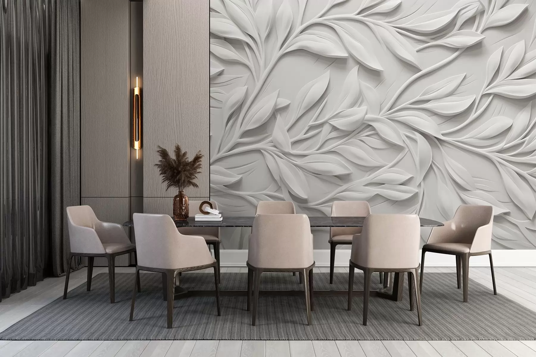 Fototapeedid Valge tekstuurne trükis lehtede ja okstega , mis tekitab tekstuursel taustal mahuka imitatsiooni efekti w08778