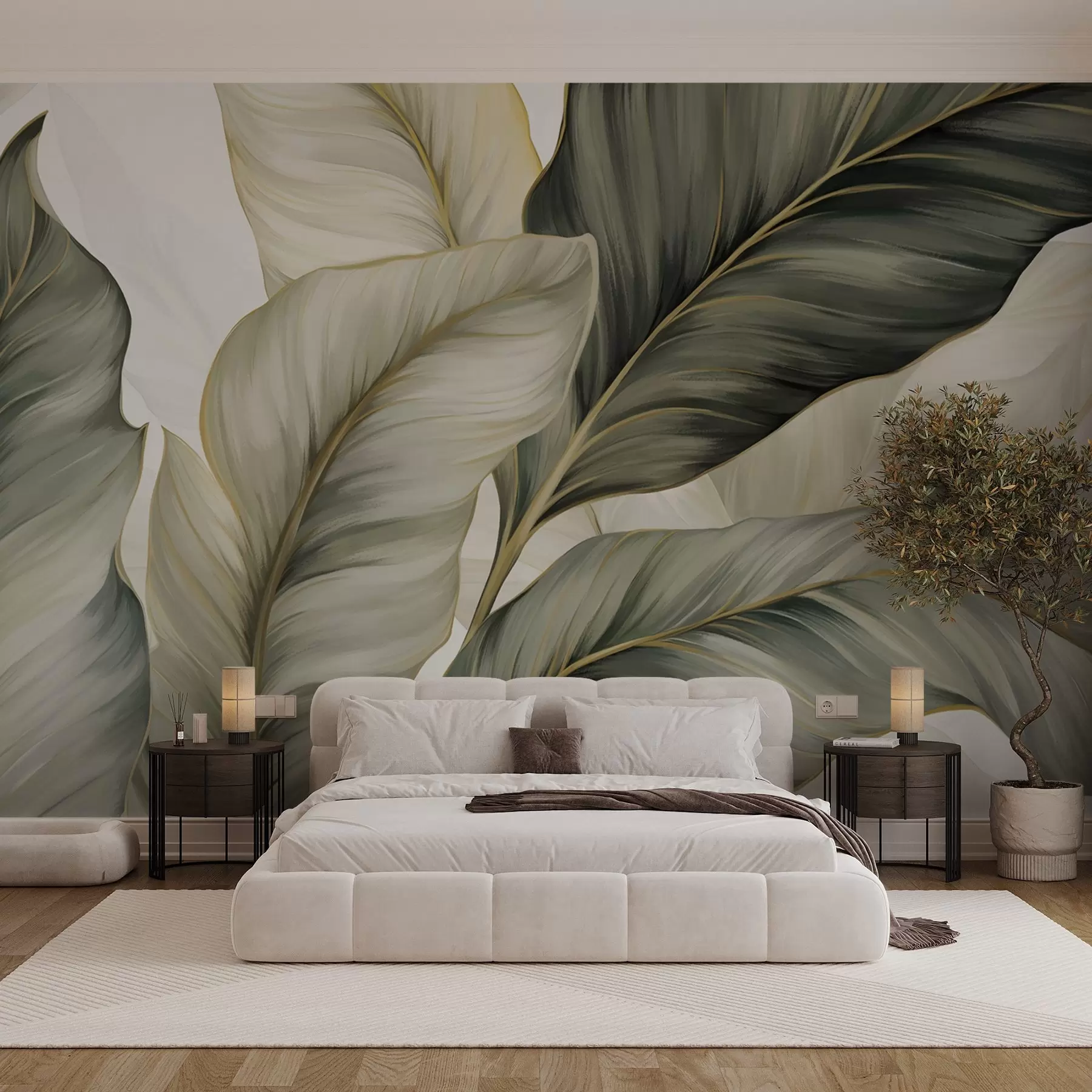 Fototapeedid Suured, stiliseeritud tekstuuriga lehed üksikasjalike soontega erinevates rohelise, kreemi ja beeži toonides w08785