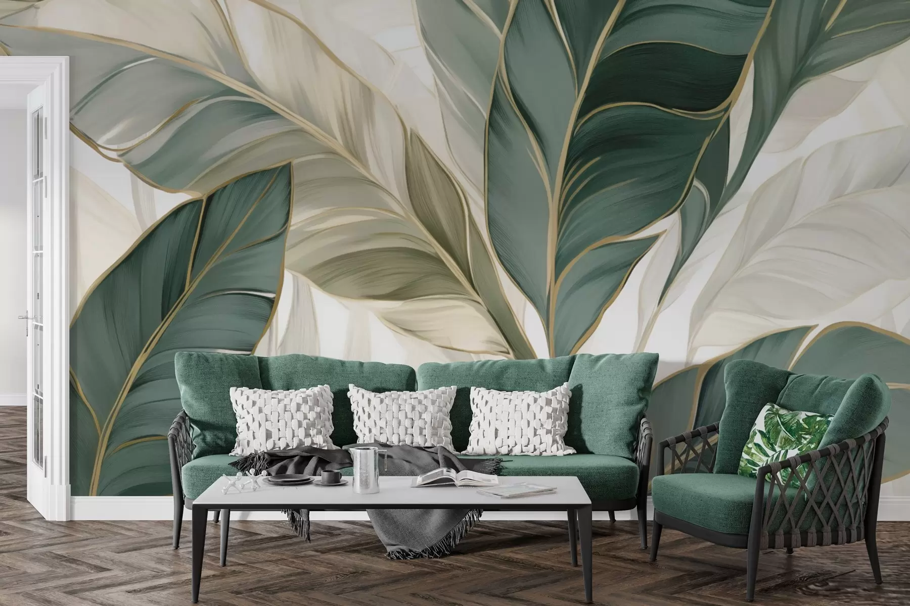 Fototapeedid Rohelised troopilised lehed hallil ja valgel taustal w03124