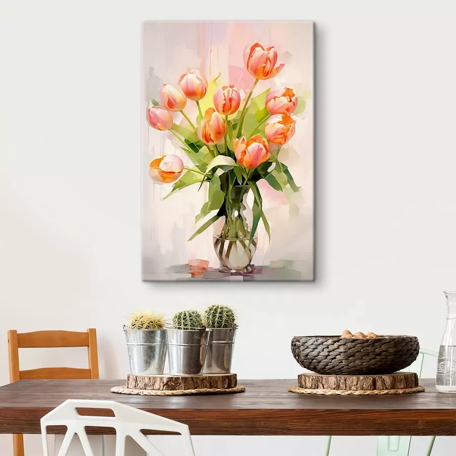Pilt Maaliline vaatepilt tulpidega klaasvaasis heledal taustal s42940
