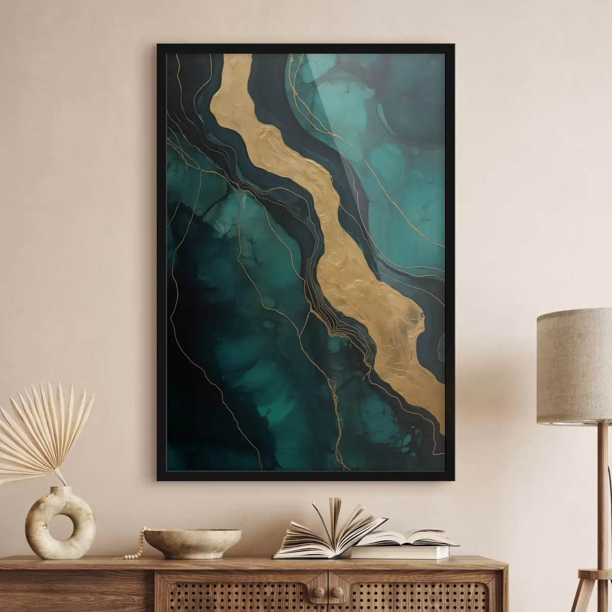 Plakat Abstraktne muster sügavate roheliste toonide ja sooja kontrastse elemendiga f42934