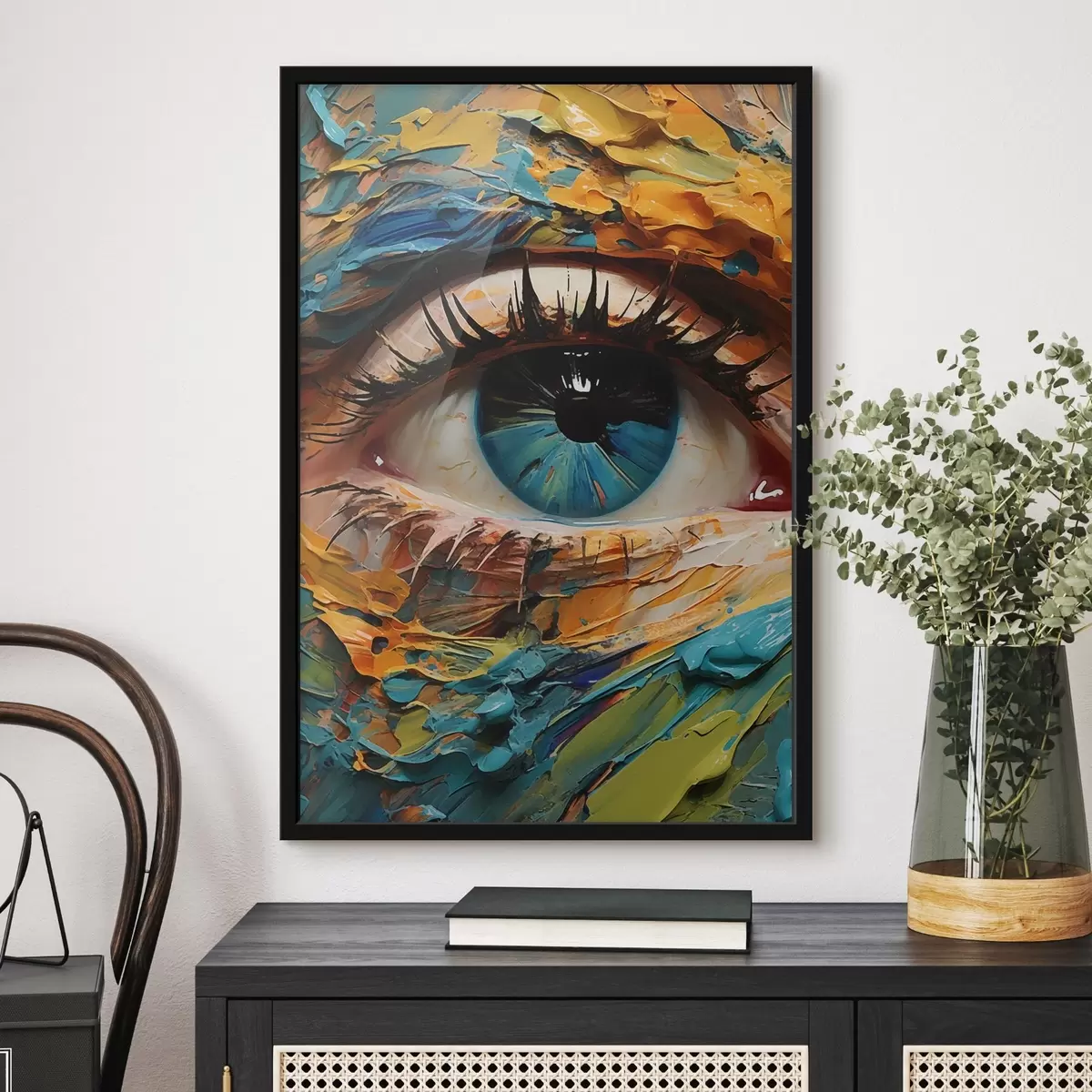 Plakat Abstraktne silmaportree elavatest värvidest, tekstuurse maalimise efektiga f42938