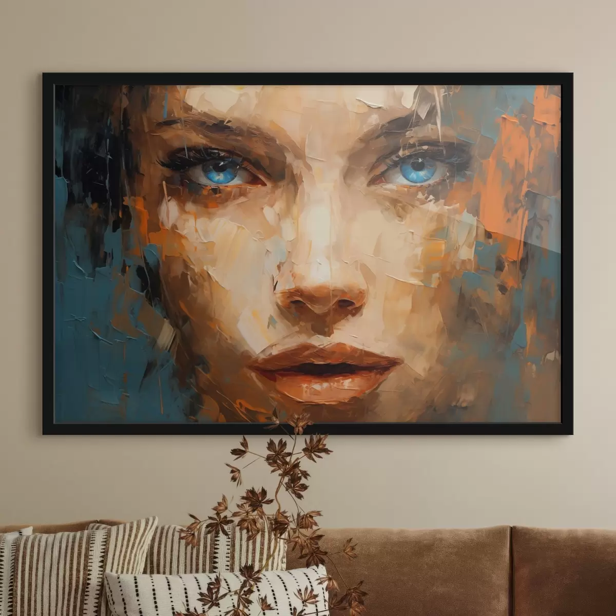 Plakat Abstraktne portree naine julge pintslitõmbega silmapaistvate siniste silmadega f42939