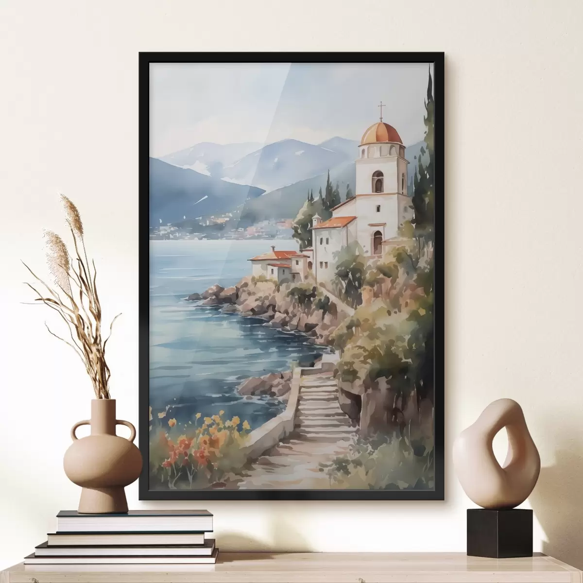 Plakat Kirik mere ääres, taustaks mäed f42962