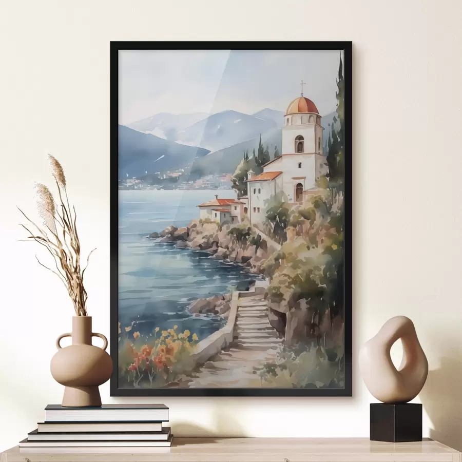 Fototapeedid Kirik mere ääres, taustaks mäed f42962