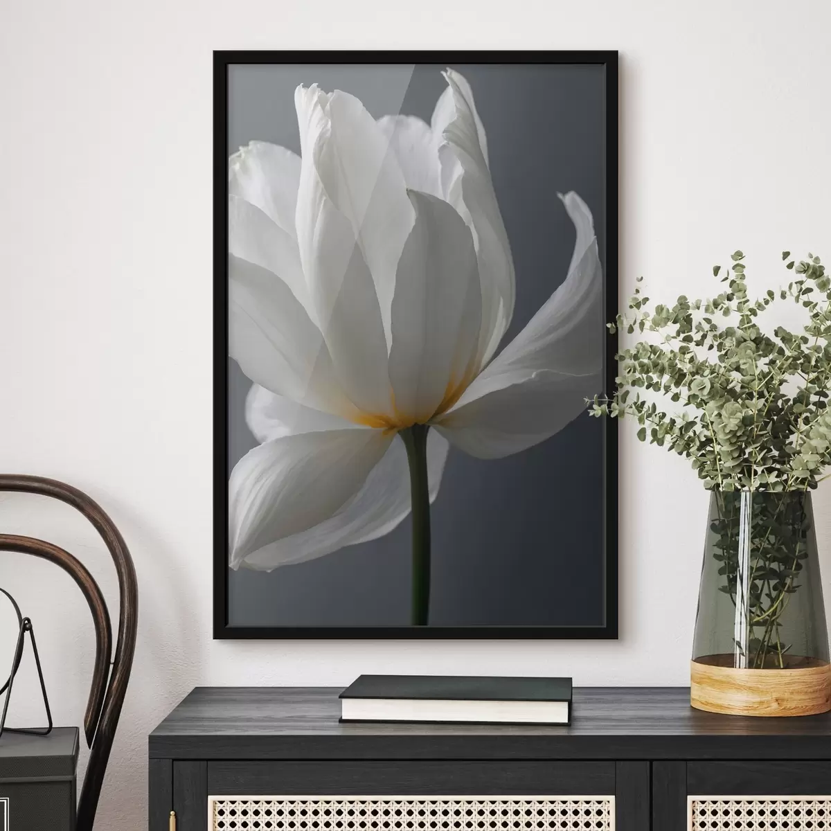 Plakat White flowef on gfay backgfound f42779